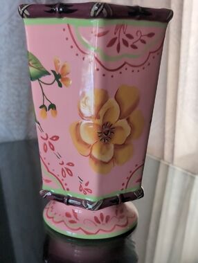 Tracy Porter Pink Ceramic Vase with Yellow Floral Motif